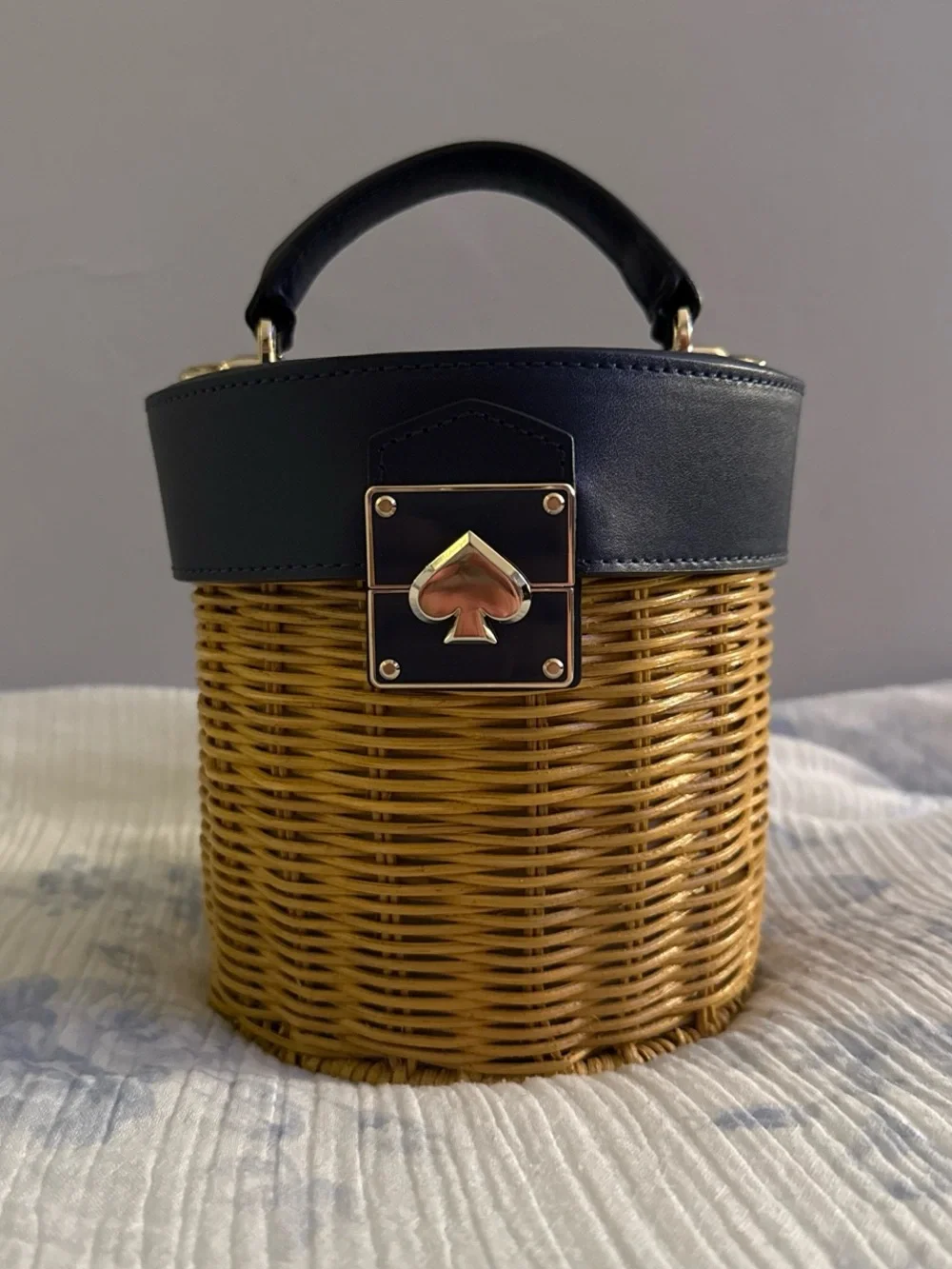 kate spade Navy Leather-Trim Wicker Crossbody Bag with Gold Spade Accent